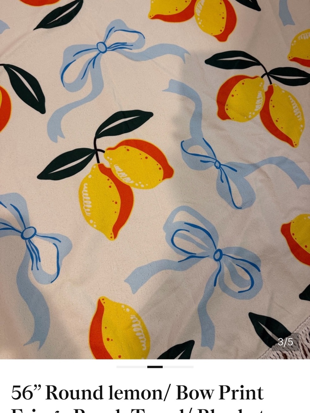 56" Round lemon/ Bow Print
Fringe Beach Towel/ Blanket -
NWOT ( I have 2 ) - Picture 2 of 3